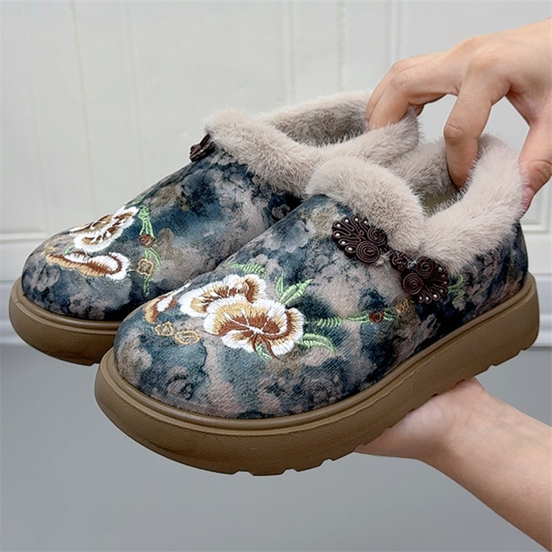 民族风新中式加绒加厚绣花女棉鞋老北京新厚底一脚蹬舒适妈妈棉鞋