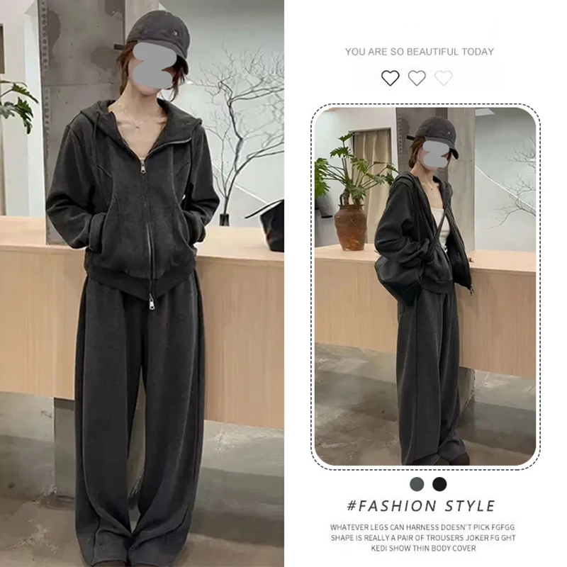 复古短款卫衣女春秋款2026新款小个子慵懒风穿搭休闲阔腿裤两件套