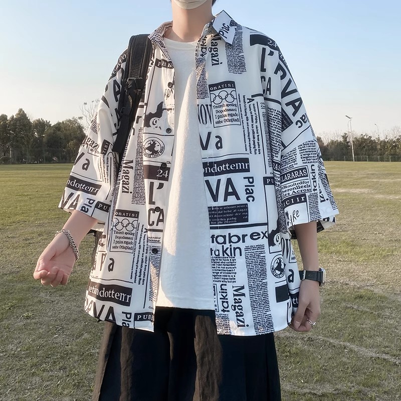 港风短袖衬衫男ins潮流百搭宽松报纸衬衣夏季潮牌韩版五分袖外套