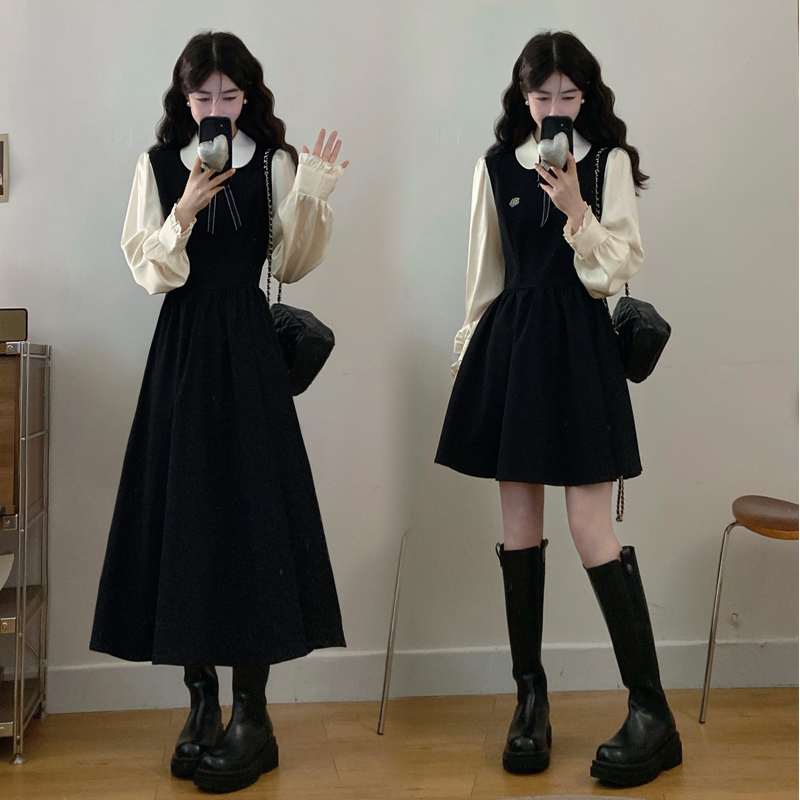 大码春秋时尚学院风减龄翻领假两件拼接连衣裙微胖MM遮肉显瘦长裙