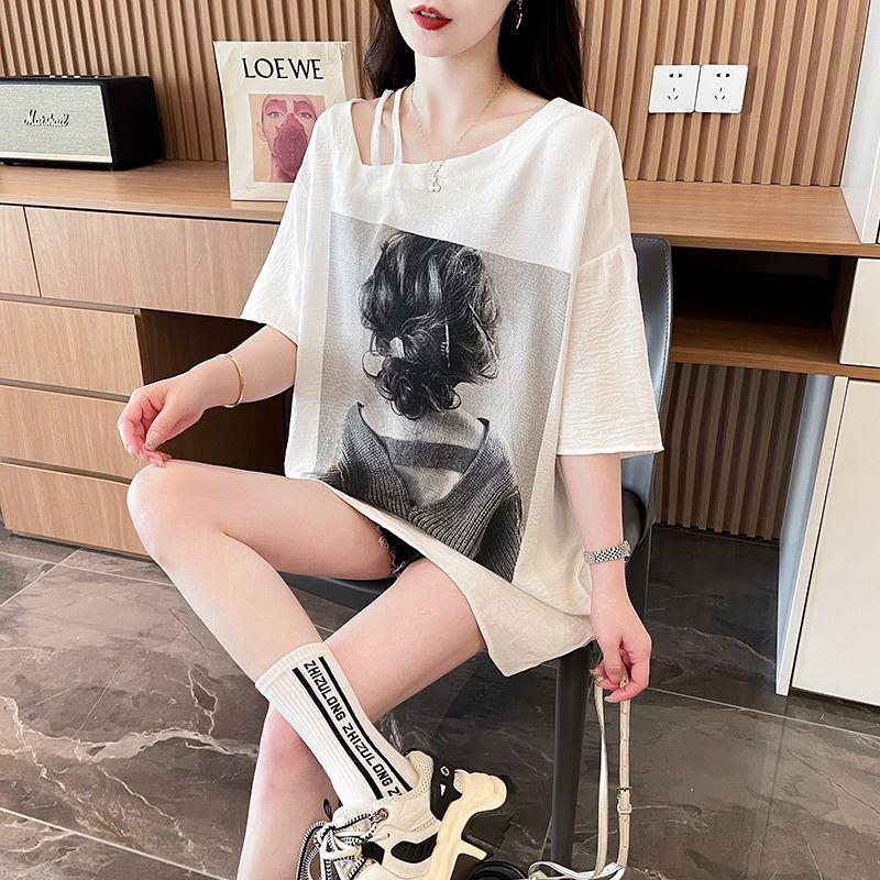 设计感慵懒风露肩短袖t恤女夏季新款大码印花遮肚子宽松显瘦上衣