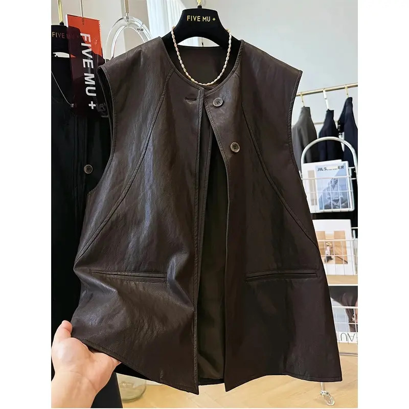 特大码300斤高级感设计感圆领无袖皮马甲男女秋季宽松叠穿外套潮2