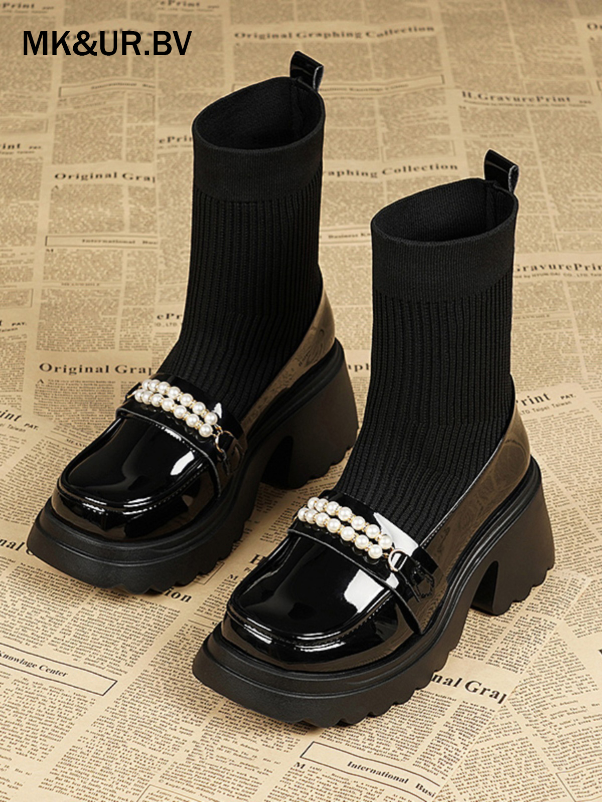 MK&UR.BV真皮漆皮短靴女2025秋冬款粗跟厚底马丁靴高跟弹力瘦瘦靴