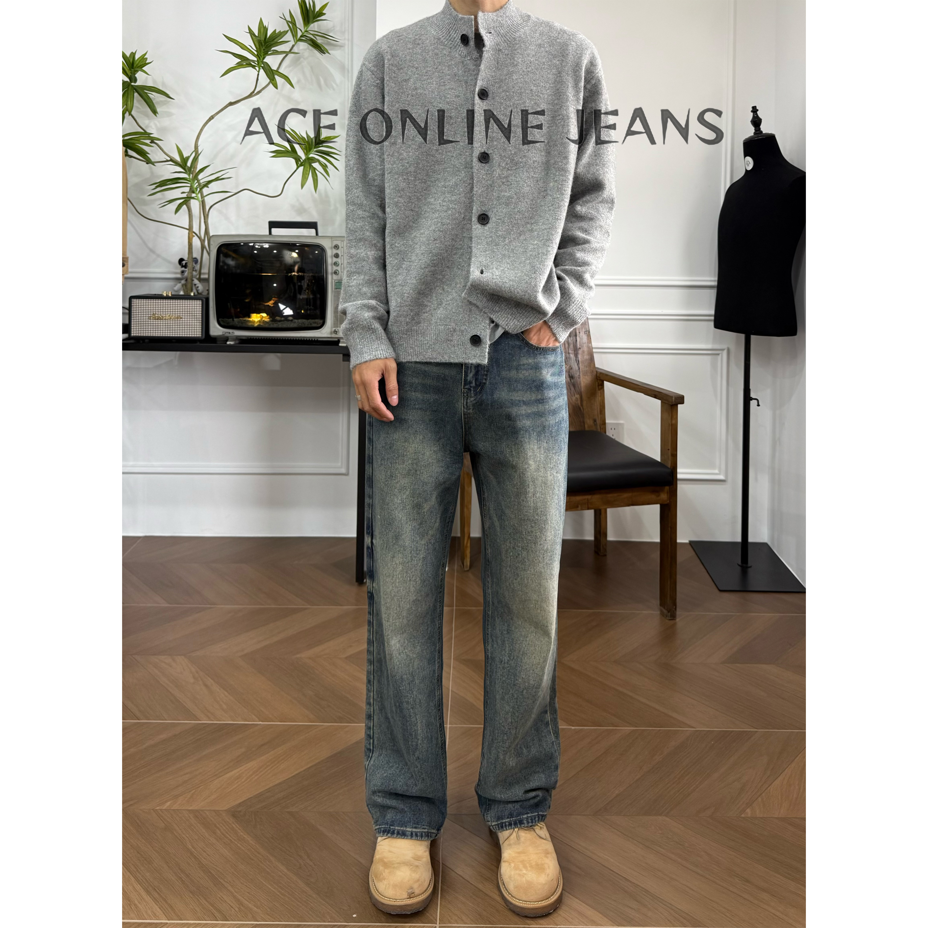 【限定系列】马年牛仔裤秋冬美式复古直筒牛仔裤宽松休闲裤水洗扎花