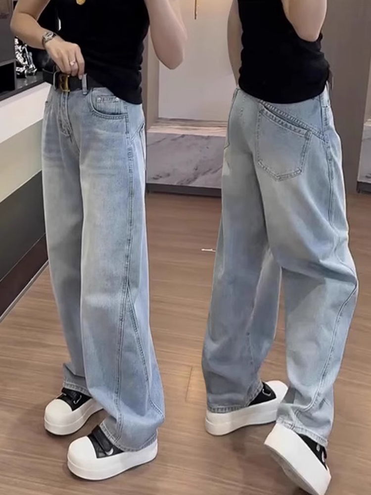 秋季新款弹力大码浅色弯刀牛仔裤女梨形身材小个子宽松显瘦阔腿裤