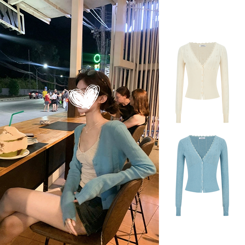 Moses Queen/魔西女王蓝色镂空针织开衫女春秋外搭薄款小披肩外套