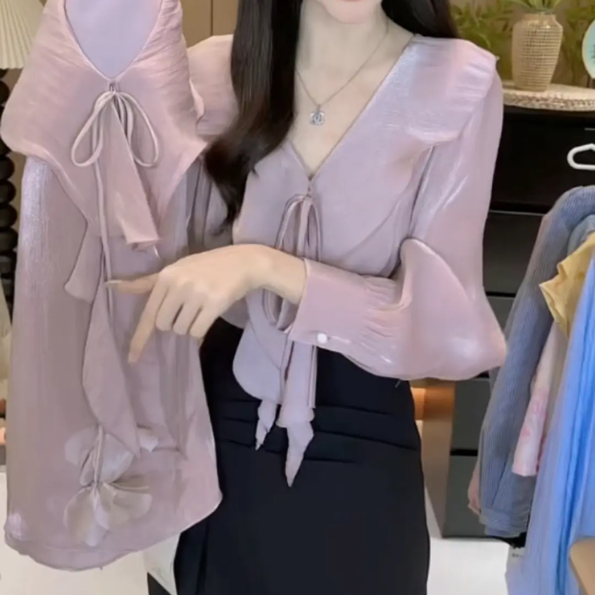 荷叶边小众长袖衬衫秋季宽松显瘦百搭气质女上衣