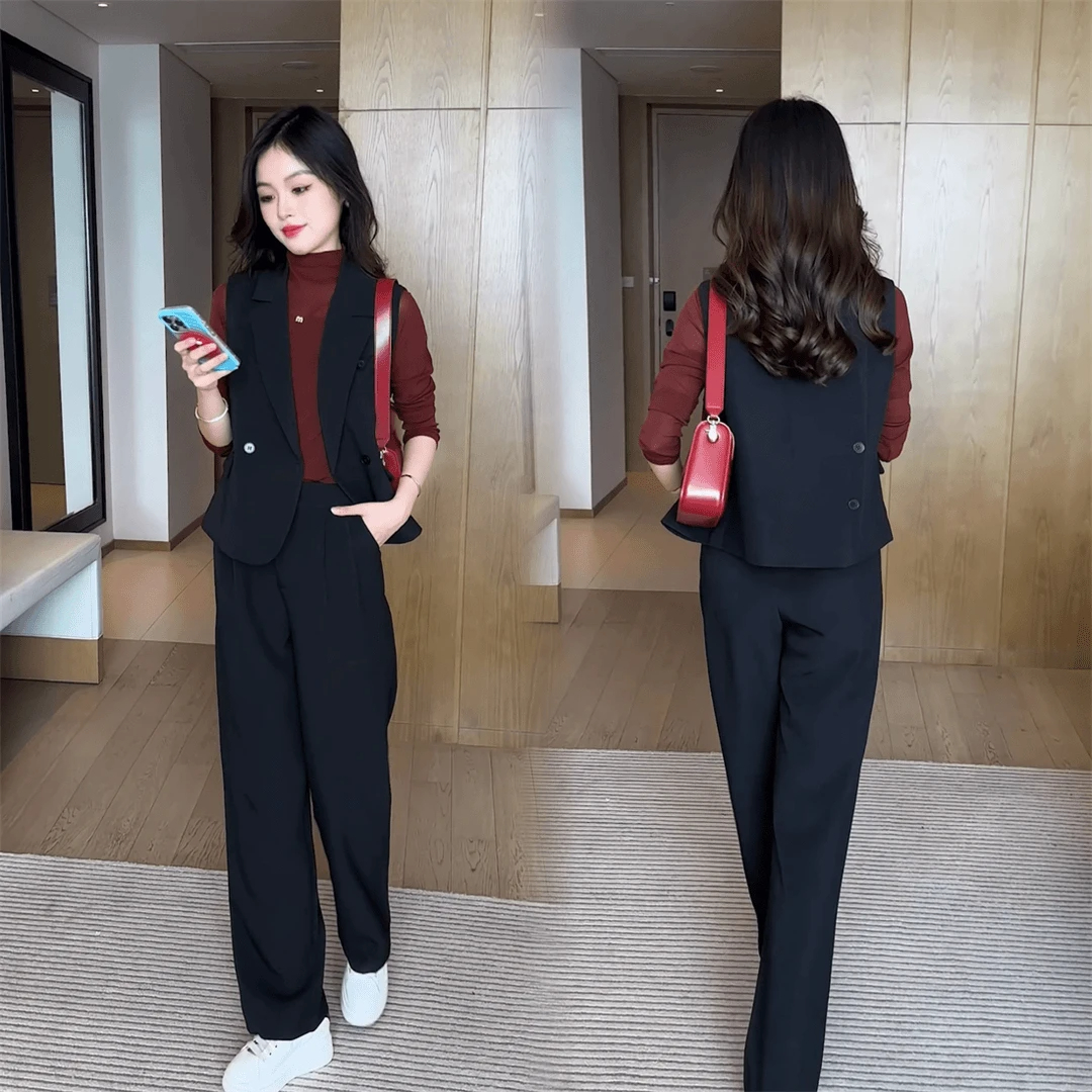 2025春秋显瘦气质洋气时尚休闲三件套无袖减龄宽松韩版小个子套装