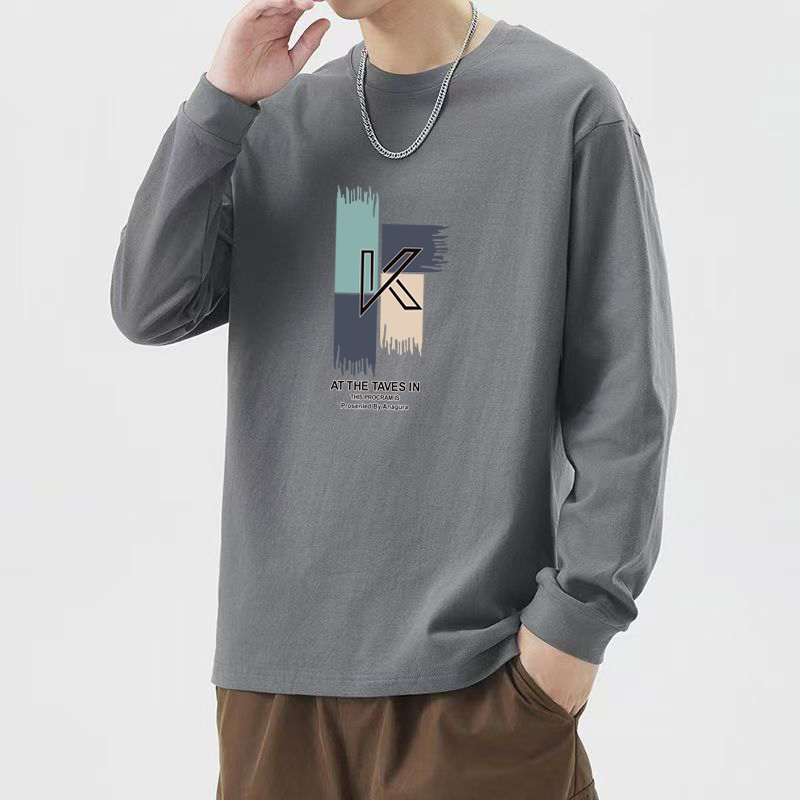 新款男纯棉长袖T恤宽松圆领套头上衣休闲运动长袖打底衫四季可穿