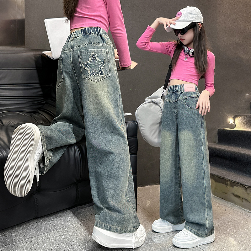 女童秋季牛仔阔腿裤6-16岁小女孩休闲时尚牛仔裤春秋款中大童裤子
