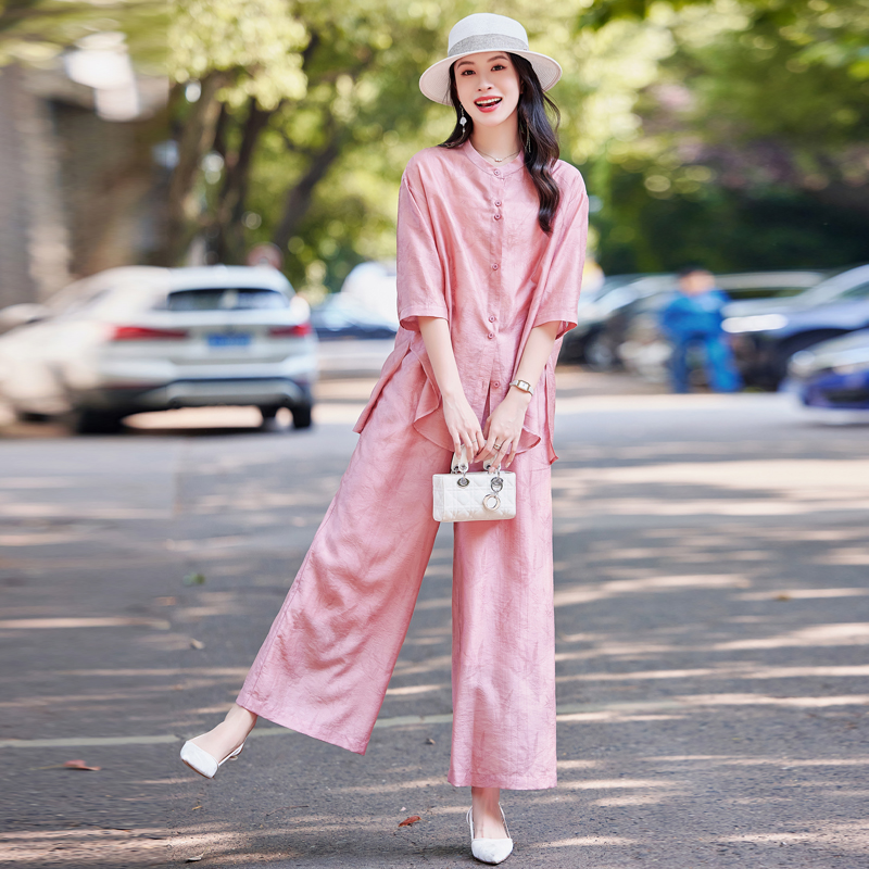时尚阔腿裤套装女夏季2025年新款文艺复古松弛感休闲桑蚕丝两件套