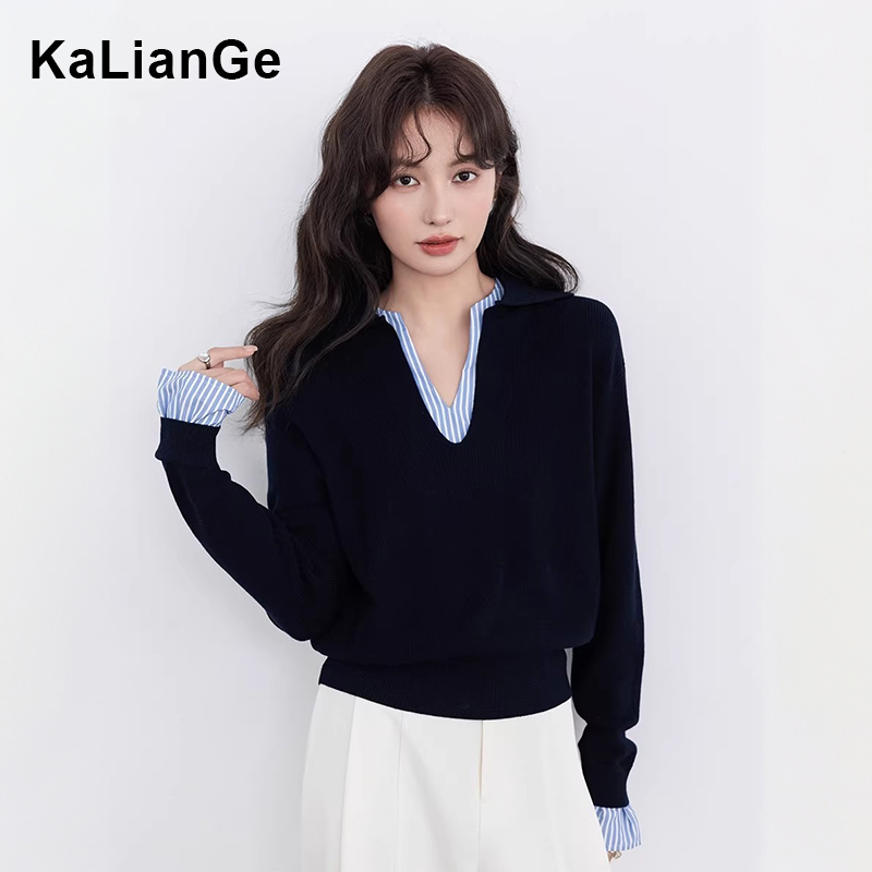 卡莲格/时尚百搭减龄显瘦上衣女秋季款假两件条纹撞色长袖针织衫