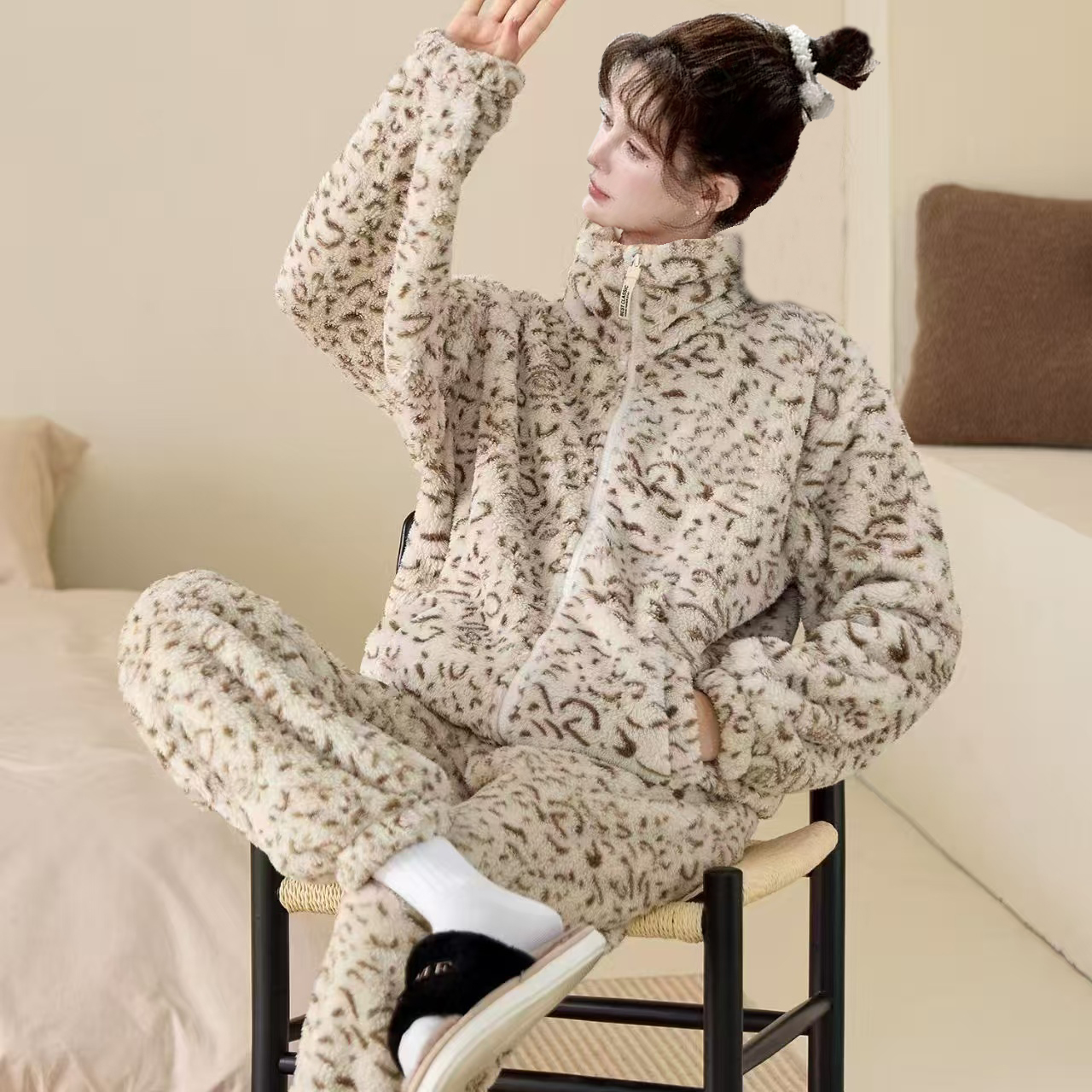 【云感豹纹-1】加绒加厚云感韩版锁温女冬立领睡衣舒适家居服7799