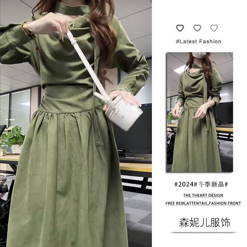 韩系氛围感穿搭连衣裙女秋冬季新款收腰显瘦气质复古高级感长裙潮