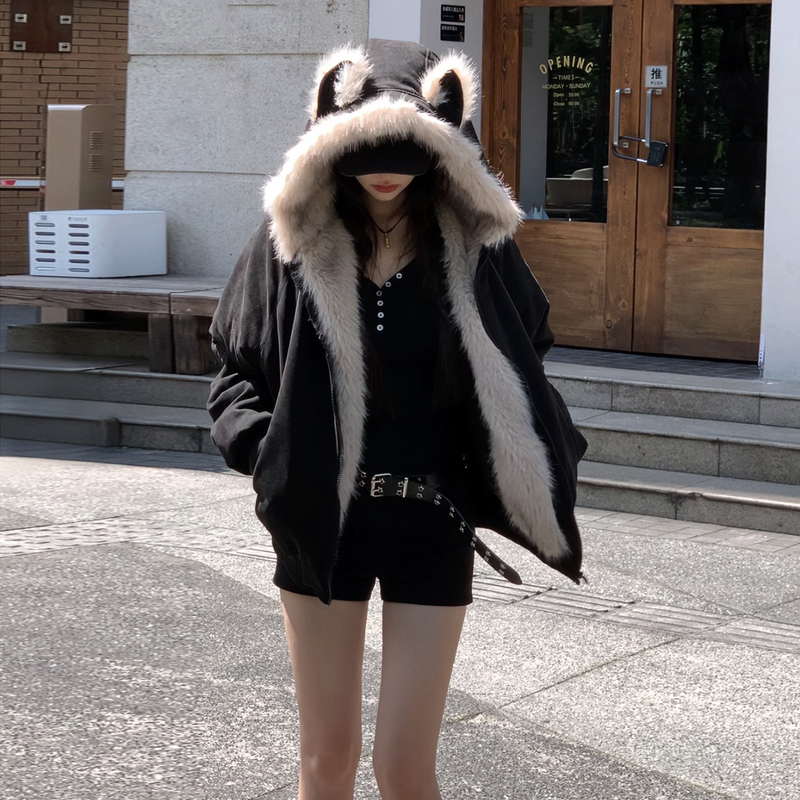 鹿皮绒派克服短款棉服仿兔毛连帽棉衣外套美式复古