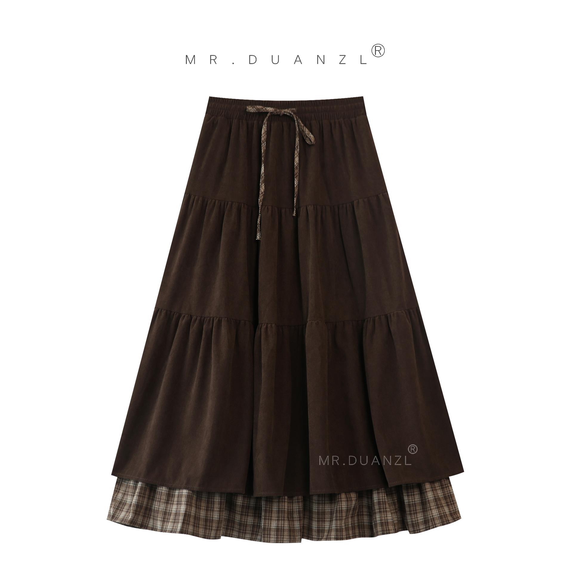 灯芯绒半身裙女秋冬季加厚休闲复古古着森系文艺小众咖啡色长裙子