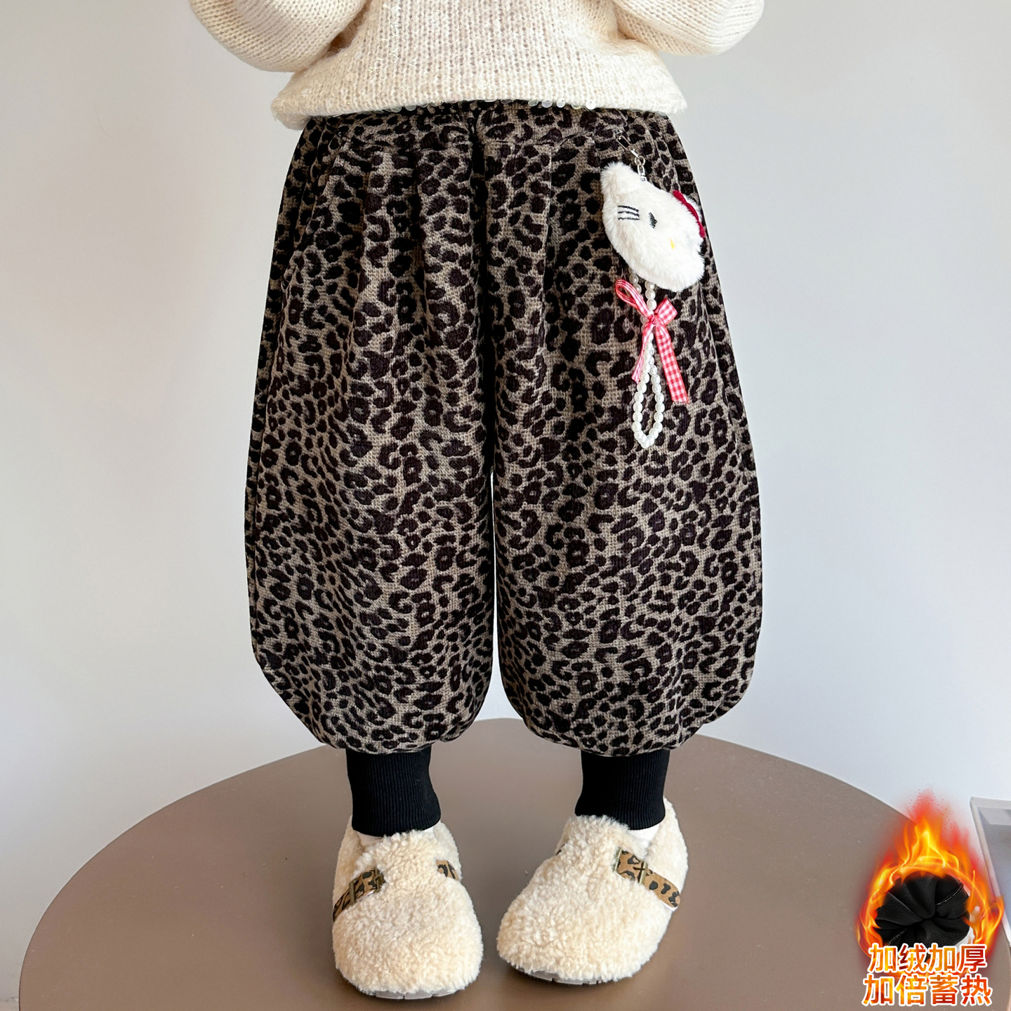 女童豹纹加绒裤子秋冬季2025新款儿童保暖束脚裤宝宝休闲哈伦裤潮