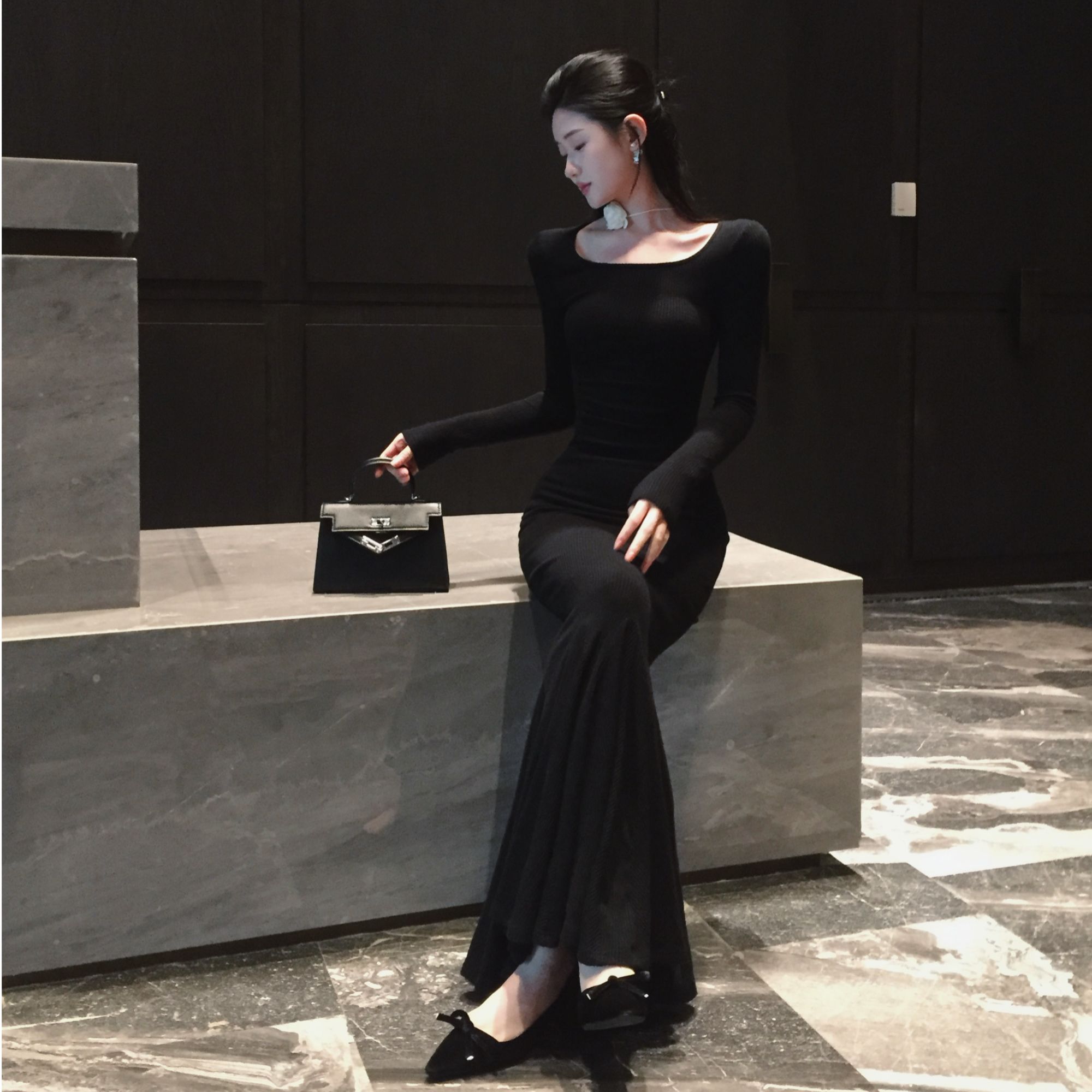 收腰显瘦方领鱼尾连衣裙高个子晚礼服性感修身长裙黑色宴会名媛裙