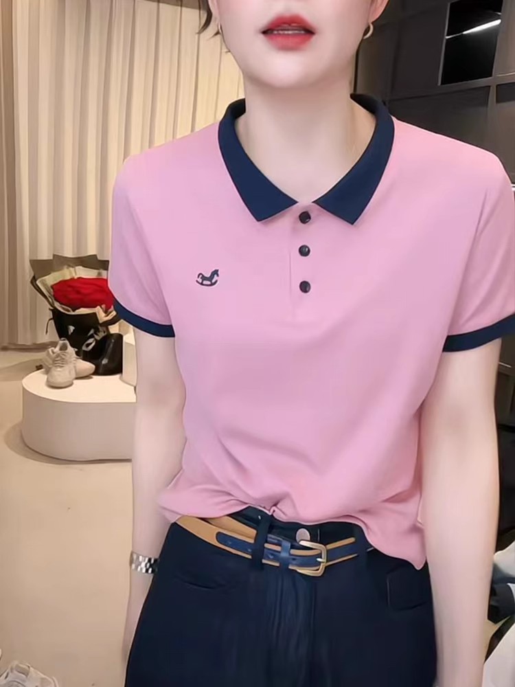 撞色POLO领粉色正肩短袖T恤女2025夏季新款修身显瘦气质体恤上衣
