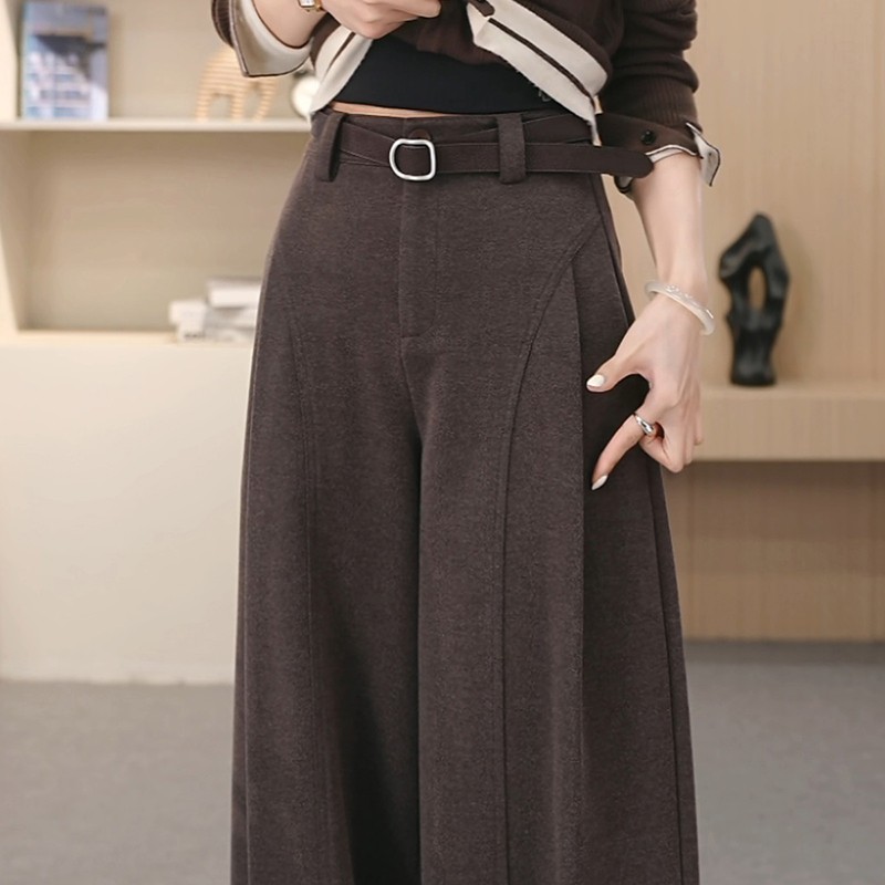 乌木棕毛呢贝斯裤女秋冬季2025新款垂感高腰显瘦休闲阔腿弯刀裤子