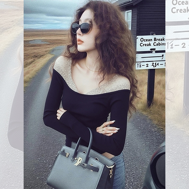 独特漂亮内搭黑色t恤小衫女韩系秋冬装针织打底衫洋气高贵上衣服