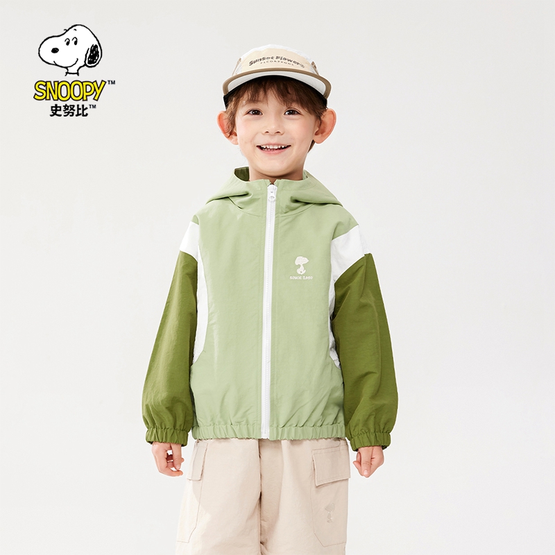 史努比男童拼色外套2025春季新款男孩印花连帽防风外套小童潮款帅