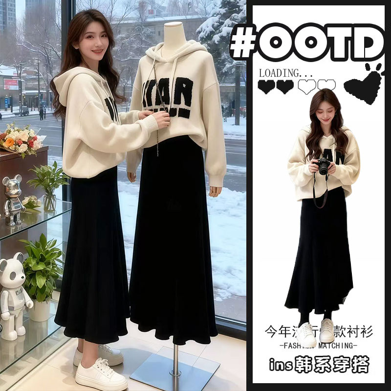 温柔系穿搭秋冬套装胖mm显瘦遮肚慵懒减龄连帽针织毛衣裙子两件套