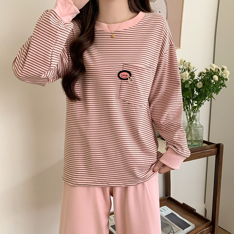 圆领睡衣女款春秋冬季2025新款双面德绒粉色条纹打底上衣保暖套装