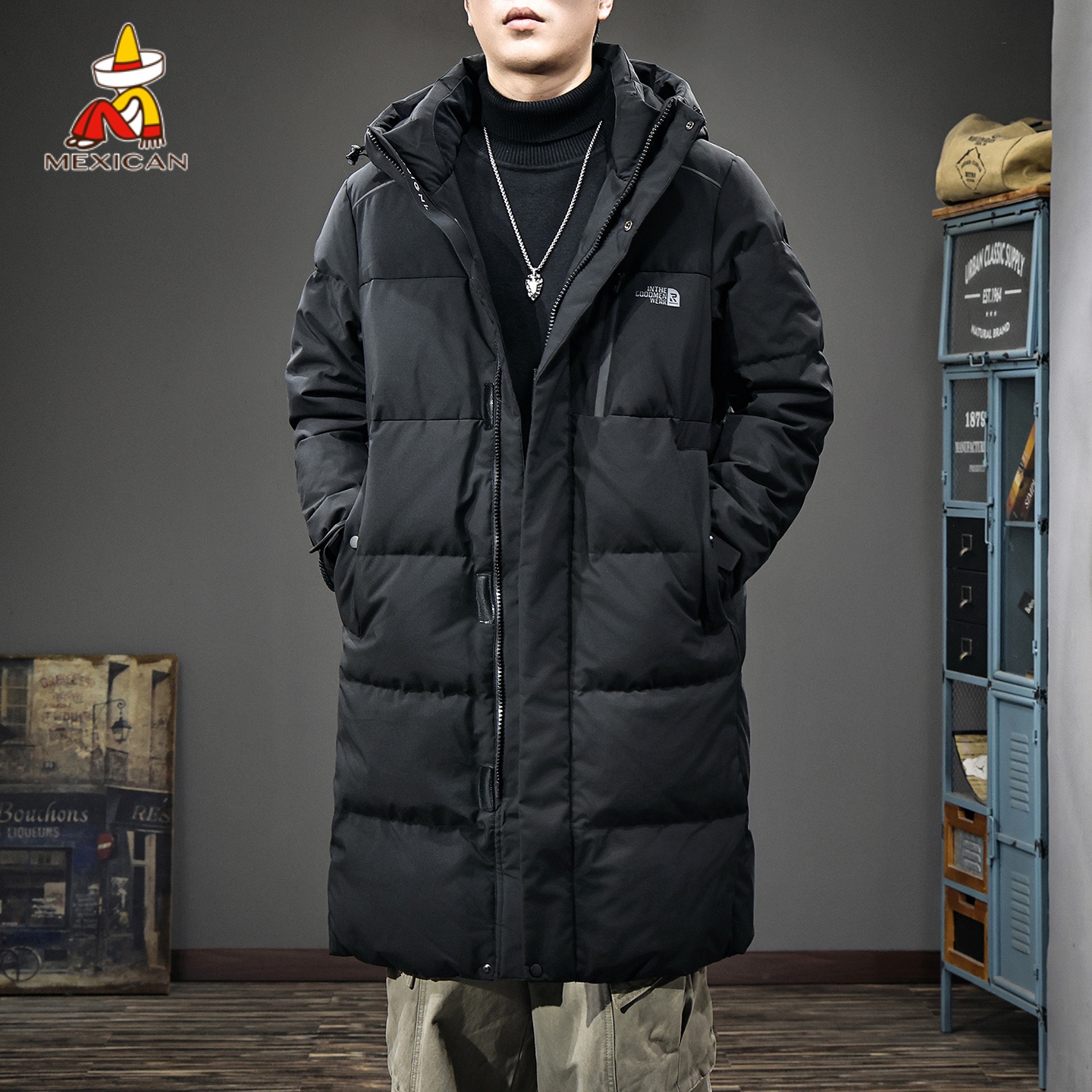 Mexican/稻草人冬季中长款连帽羽绒服男款加厚保暖男士休闲外套潮