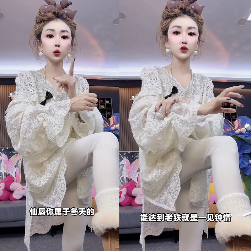 欧洲站2026新款中长款蕾丝重工拼接长袖T恤女宽松洋气网红上衣裙