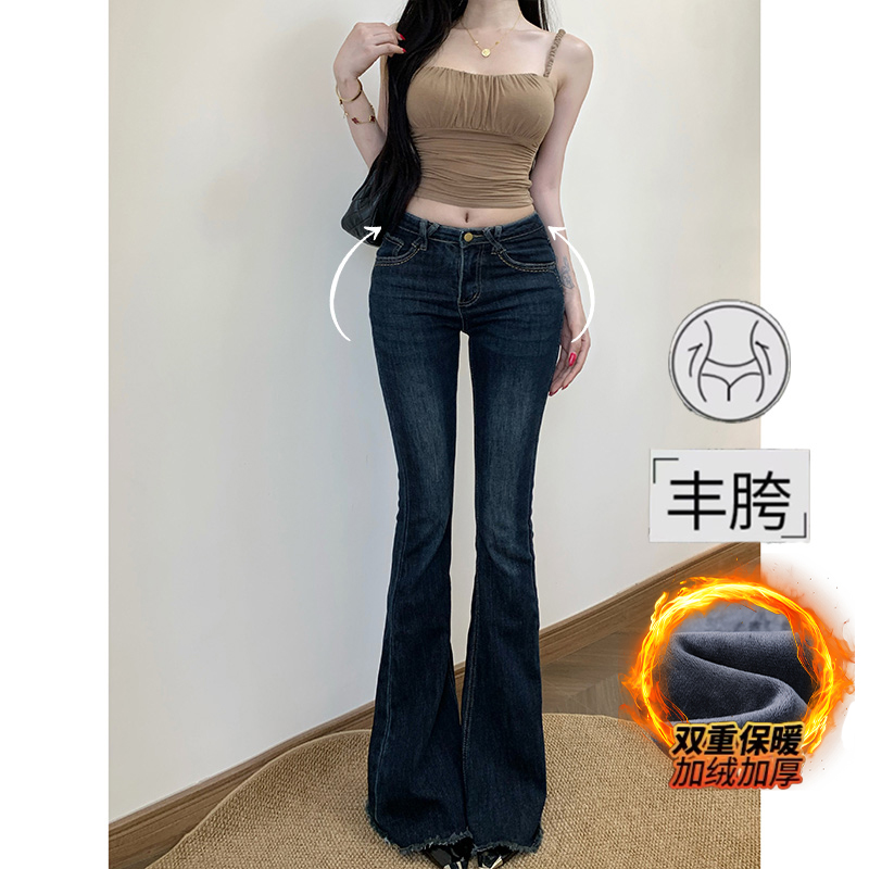加绒低腰丰胯毛边微喇牛仔裤女2025冬季新款口袋装饰美臀显瘦长裤