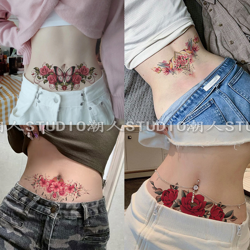 彩色纹身贴花胸腰腹适用防水持久逼真遮疤遮妊娠纹蝴蝶玫瑰花样式