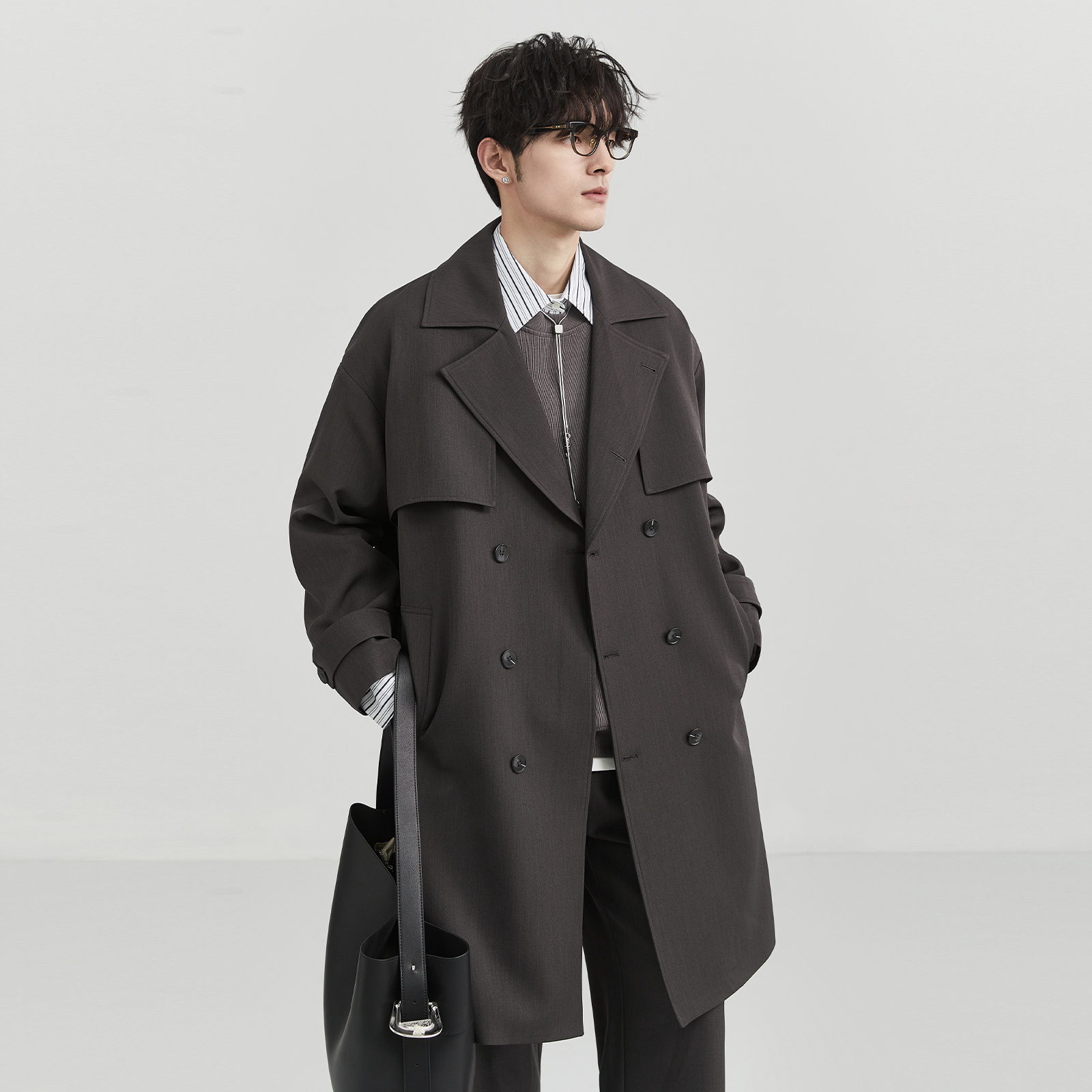 BJZE男装休闲百搭春秋宽松中长款英伦风帅气韩版翻领风衣D411001