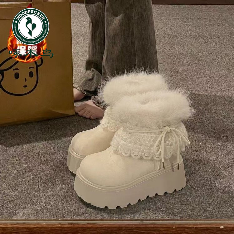啄木鸟复古白色厚底加绒加厚雪地靴女款冬季保暖毛毛勃肯棉鞋子