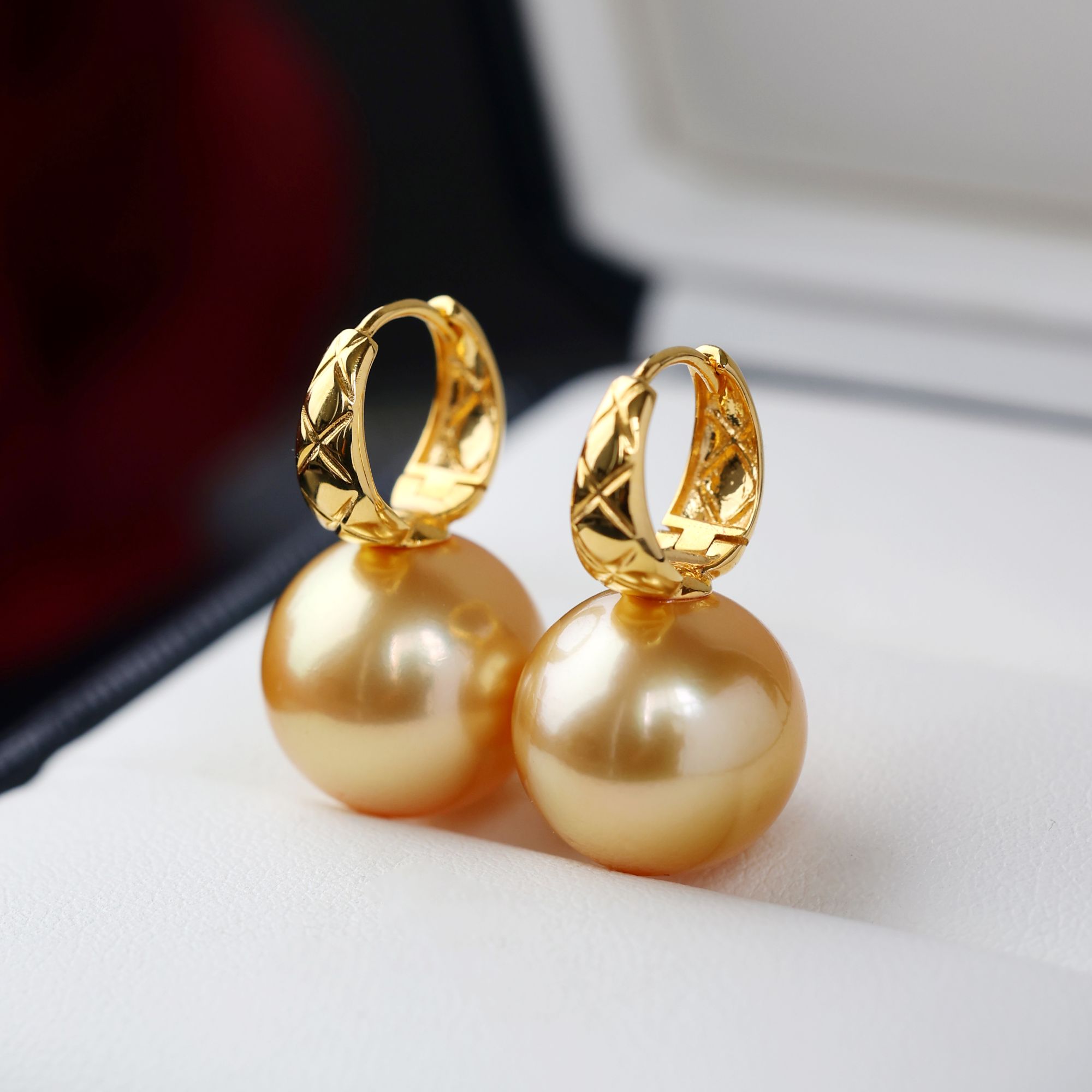 天然南洋金珍珠耳环12-13mm复古18k金香奶奶正圆浓茶金色送妈妈