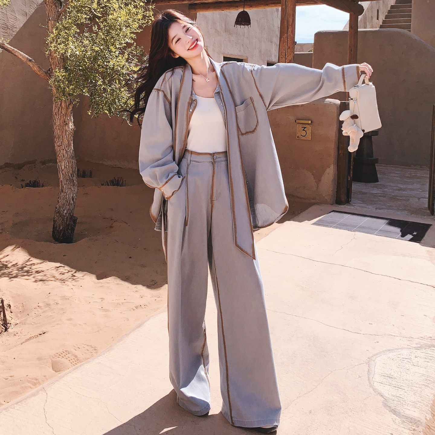 韩系慵懒松弛感时髦套装女2025秋季撞色包边飘带衬衣阔腿裤两件套