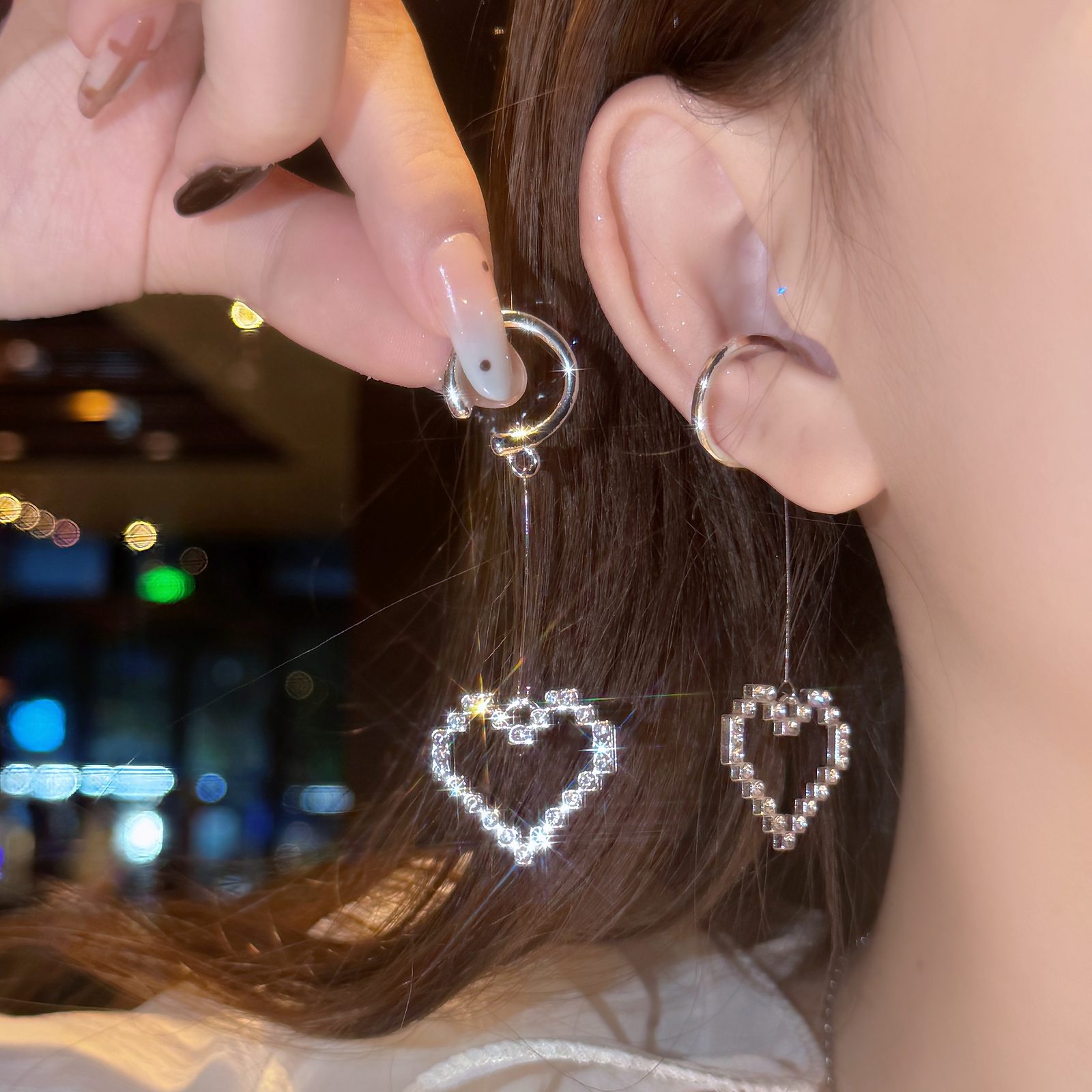 铜合金耳饰 镂空爱心满钻耳夹无耳洞女吊坠耳挂式耳环耳骨夹