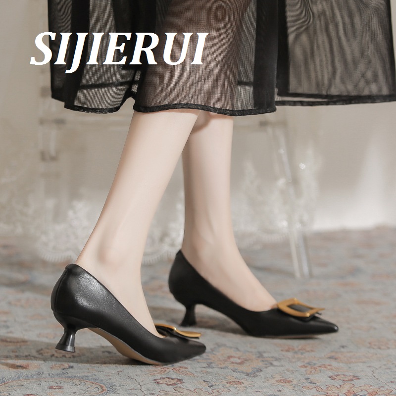 SIJIERUI2025年春夏新款时尚方扣高跟鞋女职业通勤百搭中跟单鞋女