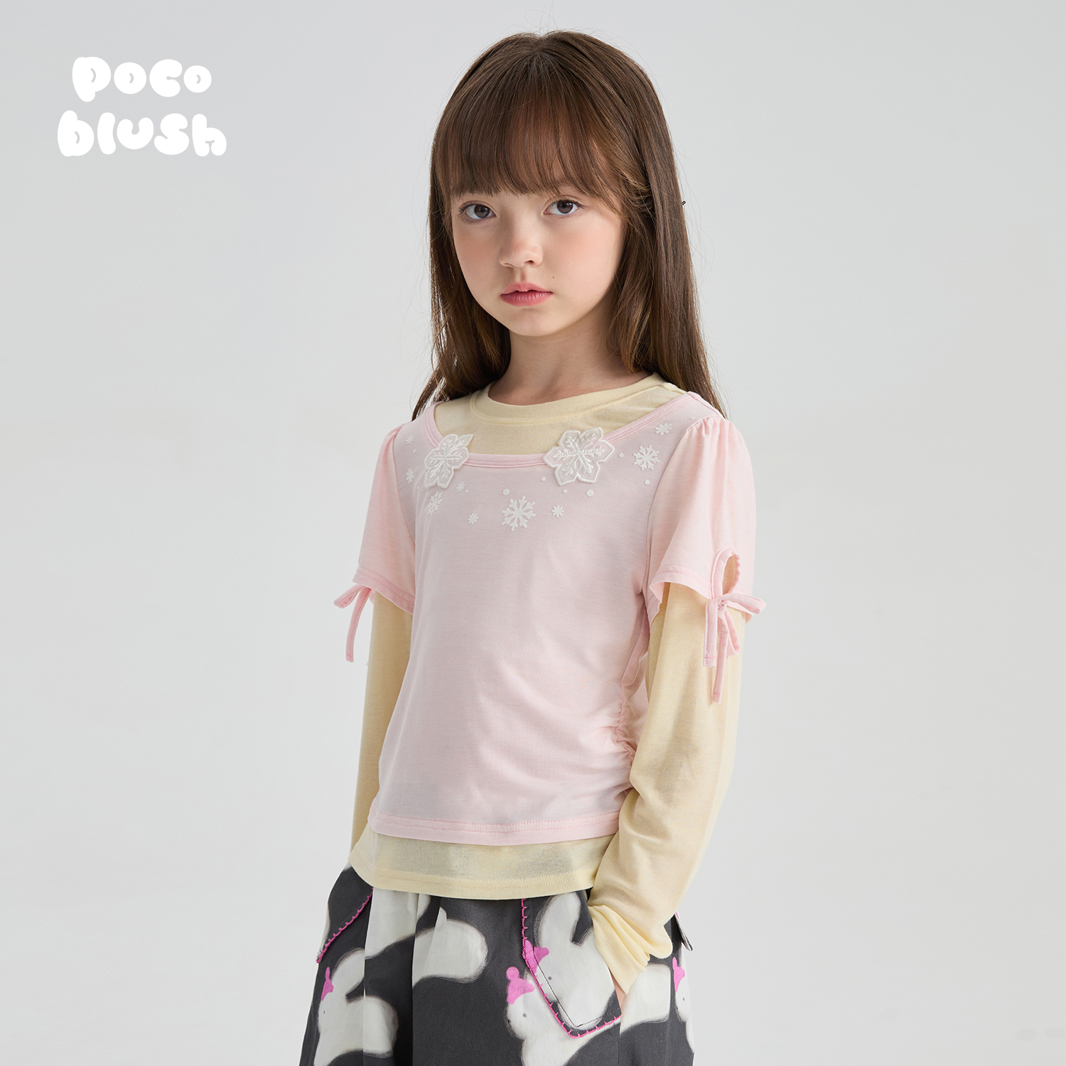 pocoblush【雪花飘飘】羊毛长袖T恤2025早秋装女童假两件打底上衣