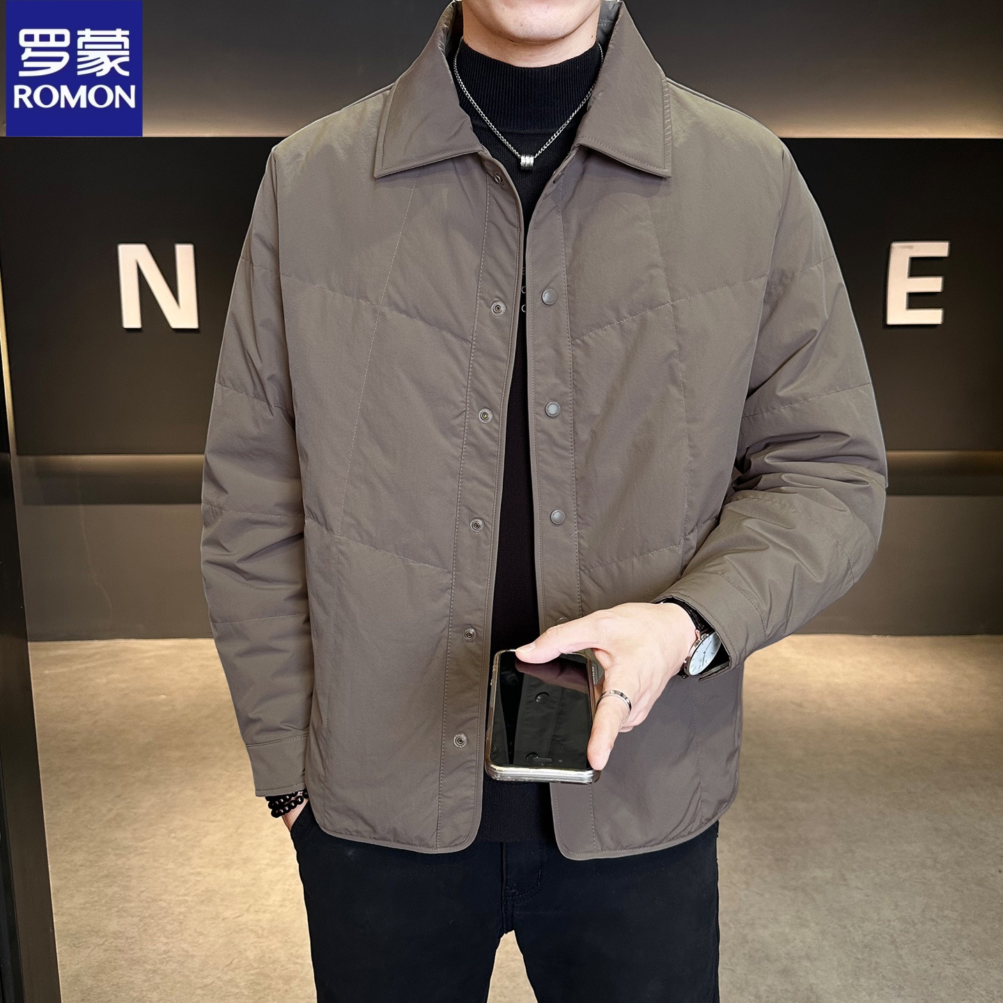 罗蒙90白鸭绒轻薄衬衫式羽绒服男秋冬季新款宽松保暖夹克外套男潮