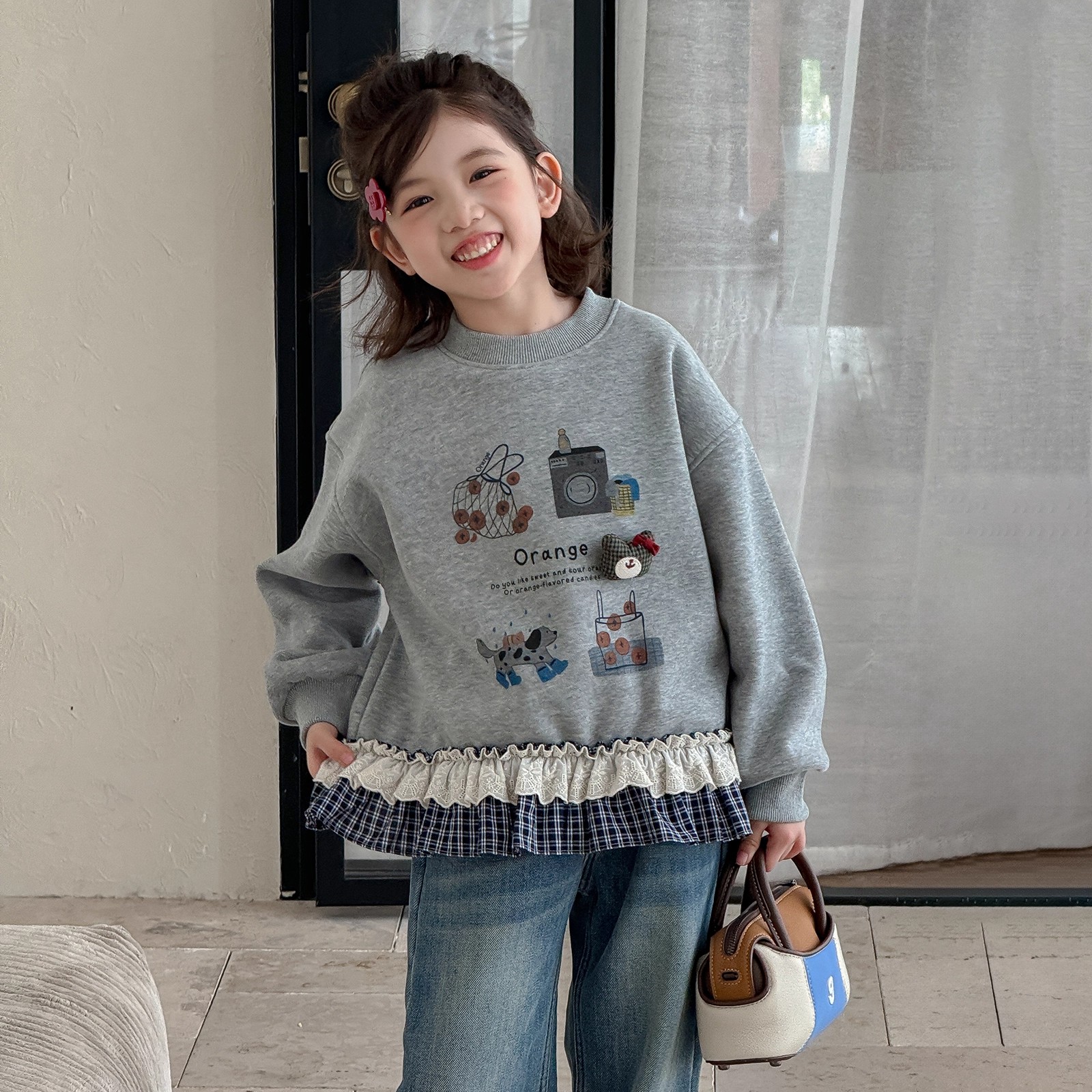 女童加绒卫衣秋冬款2026新款童装洋气长袖上衣女孩中大童打底衫潮