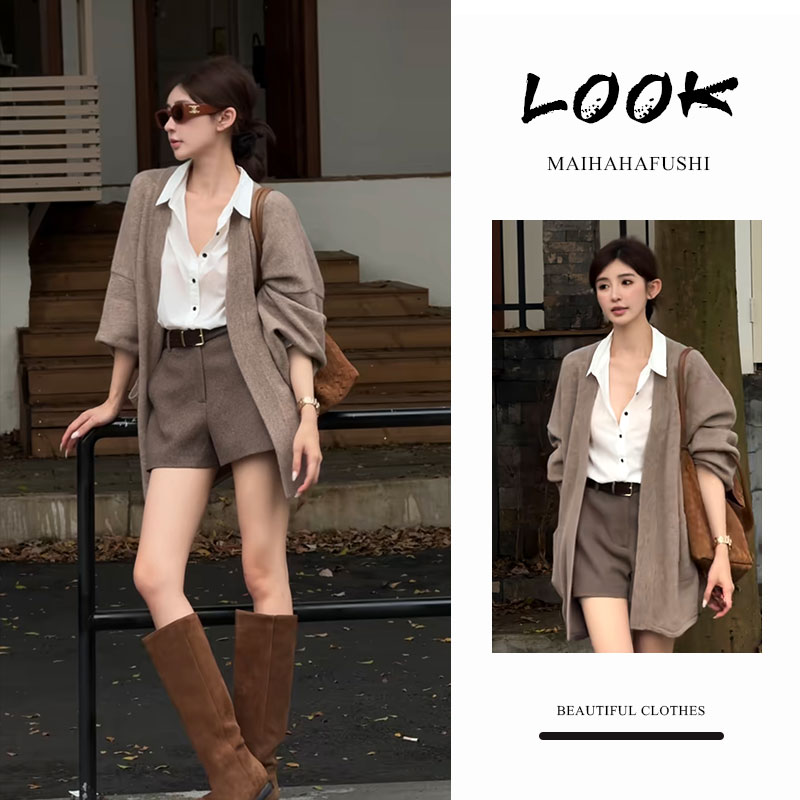 秋季一整套女装2025新款韩版中长款开衫外套白色衬衫高腰短裤套装