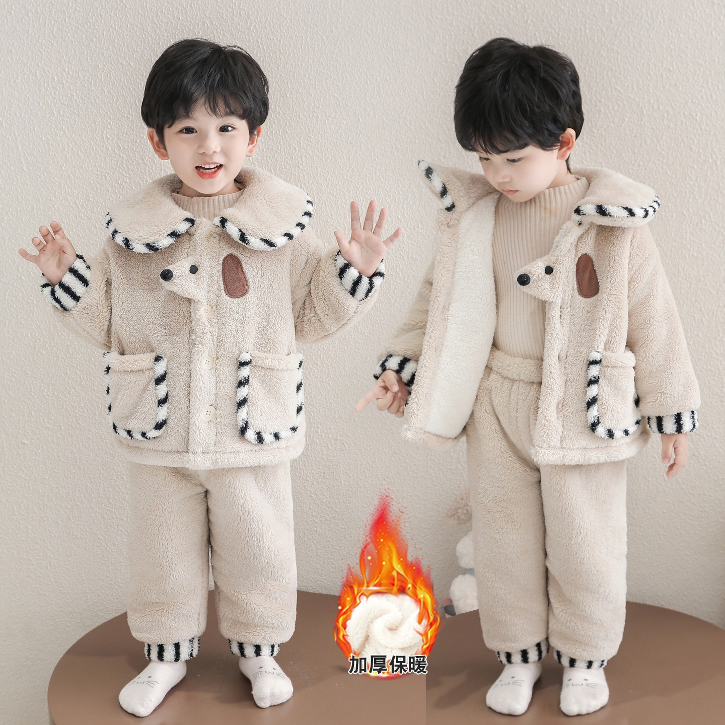 儿童法兰绒睡衣男女童卡通家居服套装三层夹棉加厚保暖冬装两件套