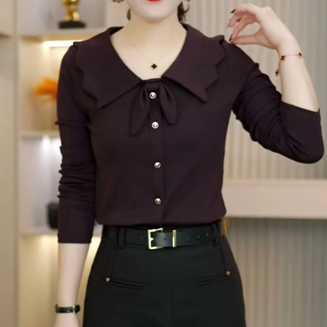 2025新款减龄洋气法式方领蝴蝶结设计长袖显瘦气质小衫