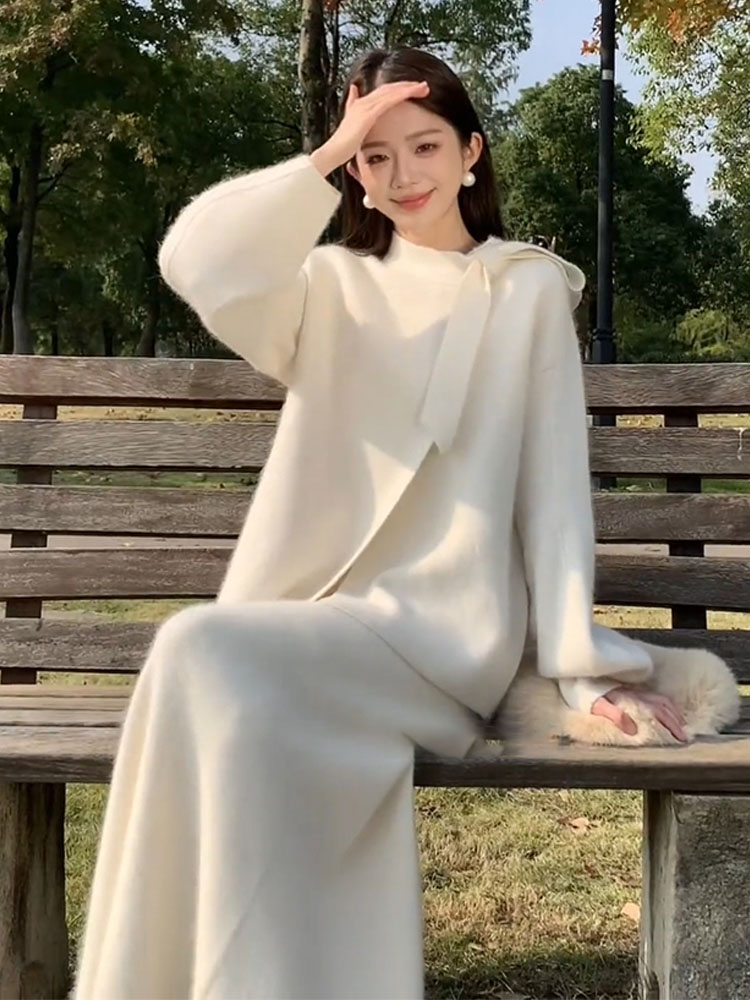 秋冬端庄大气名媛气质高级感温柔小香风白色针织毛衣连衣裙套装女