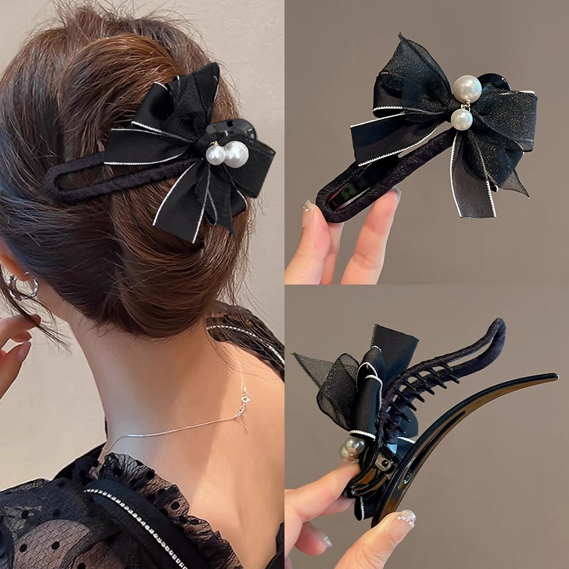 I&G珍珠发卡女蝴蝶结大号抓夹后脑勺夹子2025新款高端鸭嘴夹头饰