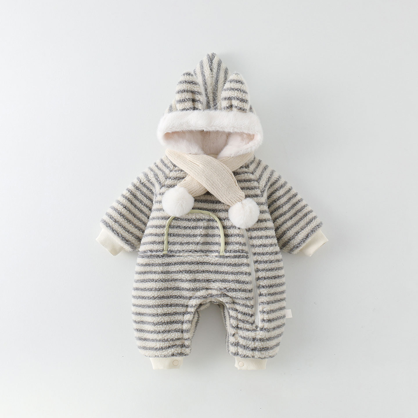 冬款婴儿衣服秋冬宝宝保暖连体衣加绒棉衣外出服加厚条纹连帽爬服