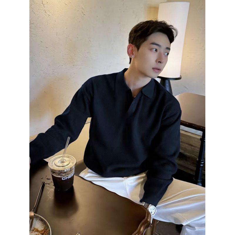 黑色海鸥V领毛衣男款秋冬打底内搭POLO衫轻熟男装翻领针织衫上衣