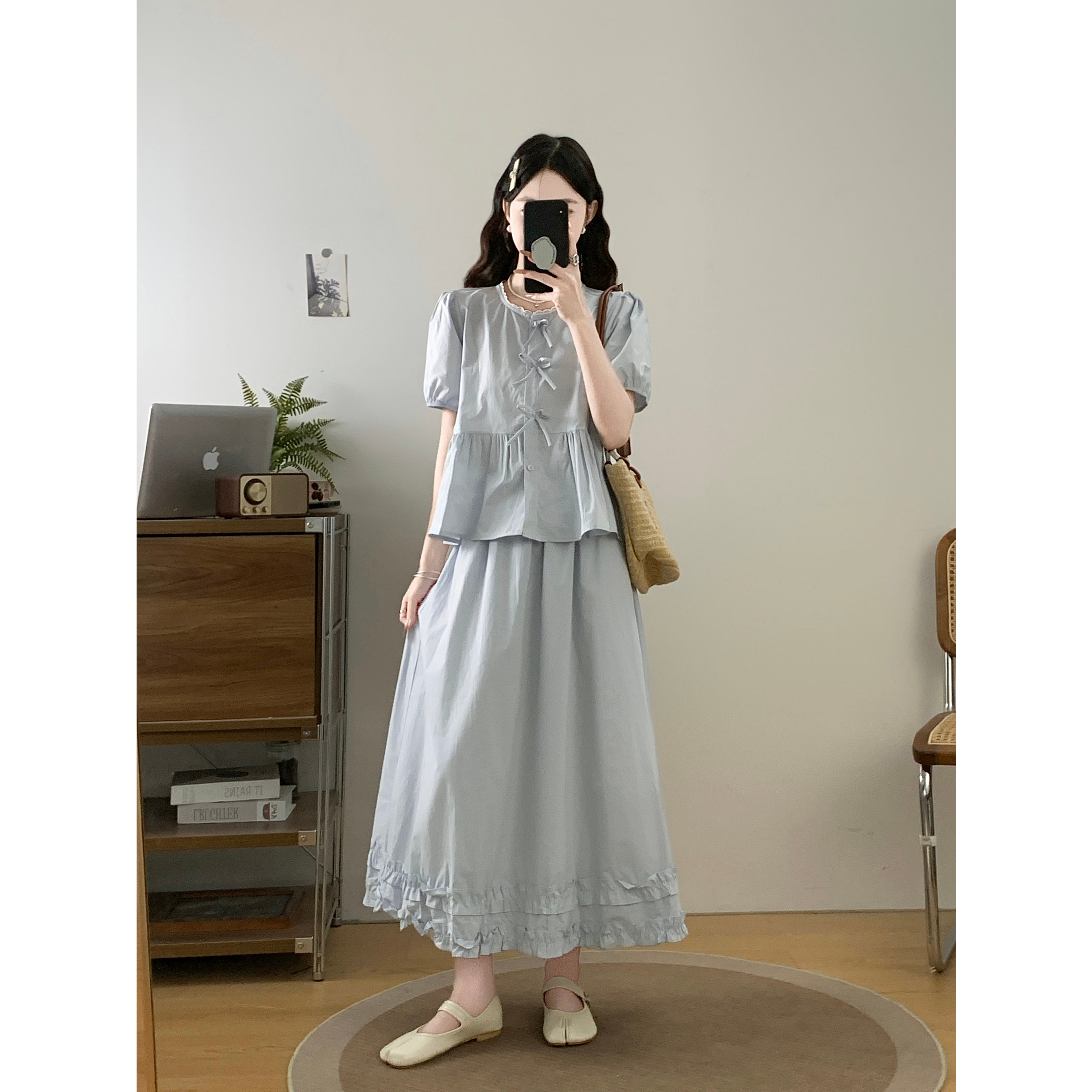 MO88ZSPF大码韩系甜美蝴蝶结短袖宽松衬衫+半身裙时尚套装