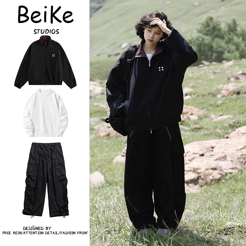 两件装/美式拼接格子简约双拉链夹克男秋新款情侣运动开衫上衣女